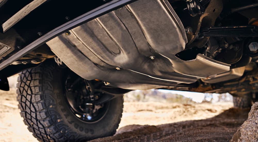Close-up of the skid plate under the 2024 Chevy Silverado HD ZR2.