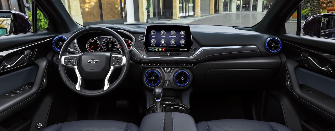 The black interior of a 2024 Chevy Blazer is shown.