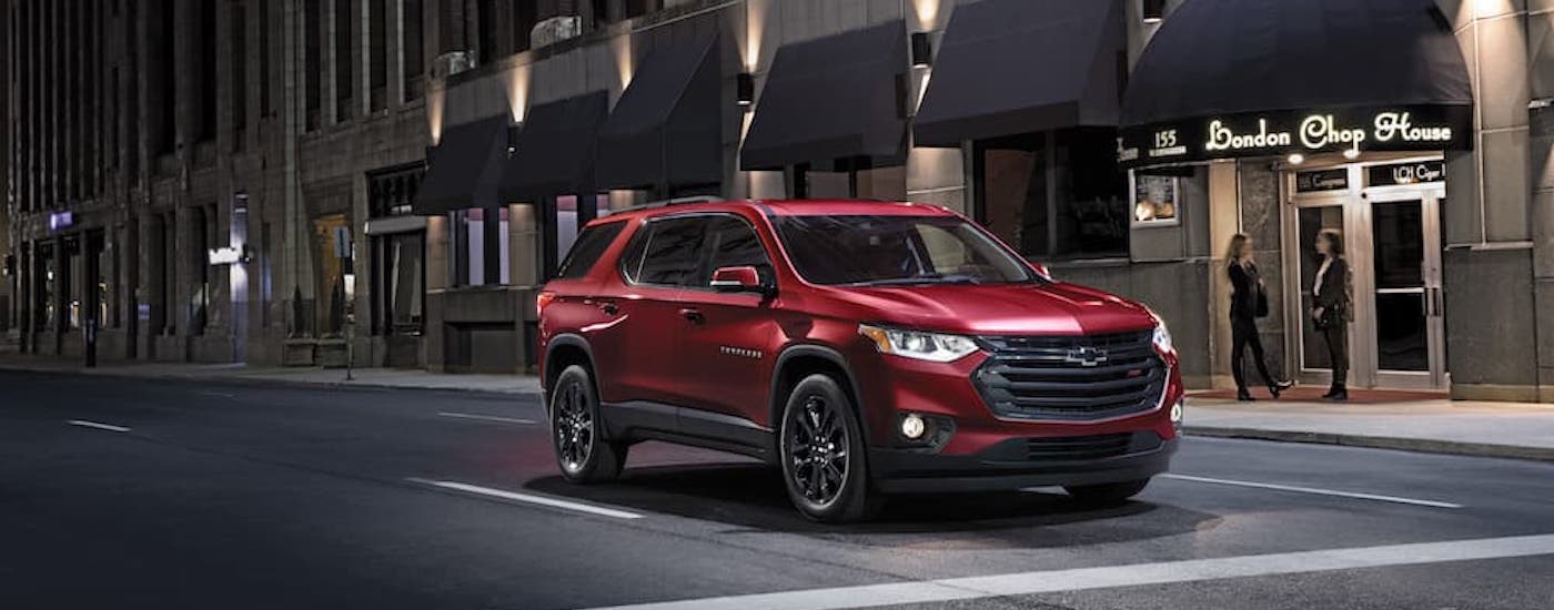 A red 2020 Chevy Traverse from the front at an angle.