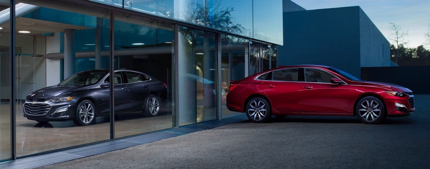 A blue and a red 2023 Chevy Malibu are shown at a used Chevy dealer near Belleville.